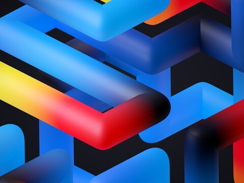 Abstract 3D shapes in blue, red, and yellow create a dynamic, layered composition with bold colors and smooth textures. 3d render illustration.