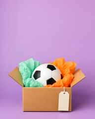 sports football gift box with soccer ball and colorful tissue paper on purple background with copy space
