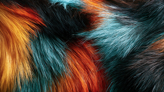 Buntes Fell schimmert in Blau und Orange mit weicher Struktur im Detail