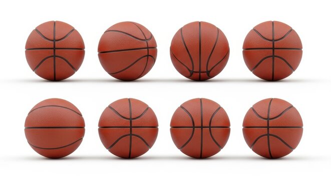 Eight orange basketballs arranged in two rows on white background