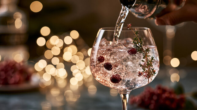 Rosafarbener Cocktail flie&szlig;t in Glas mit Beeren vor funkelndem Lichterbokeh