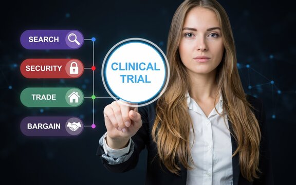 Businesswoman touching a virtual screen with clinical trial concept