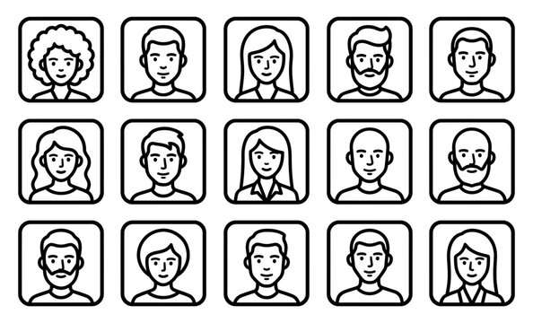 Set of diverse people avatar icons representing different characters and professions in a simple black and white line style