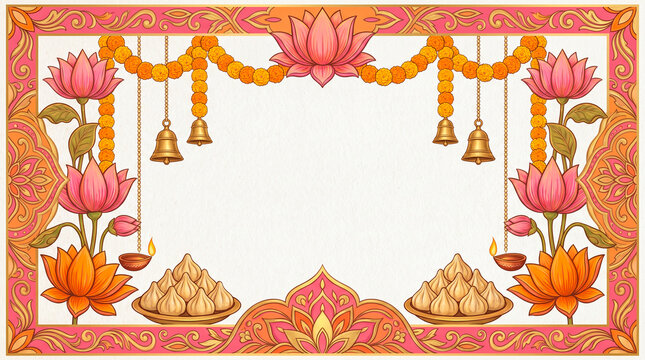 Decorative Diwali frame with lotus flowers, marigold garlands, diyas and modak sweets.