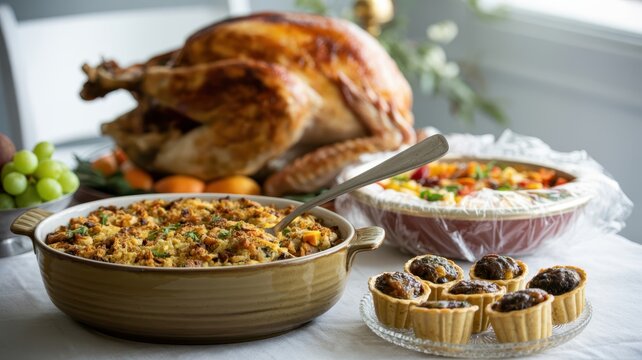 Thanksgiving Roasted turkey with stuffing and savory pastry cups served on a white tablecloth for a traditional Thanksgiving holiday dinner USA