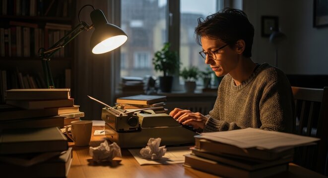Woman typing on vintage typewriter at desk with lamp and books.