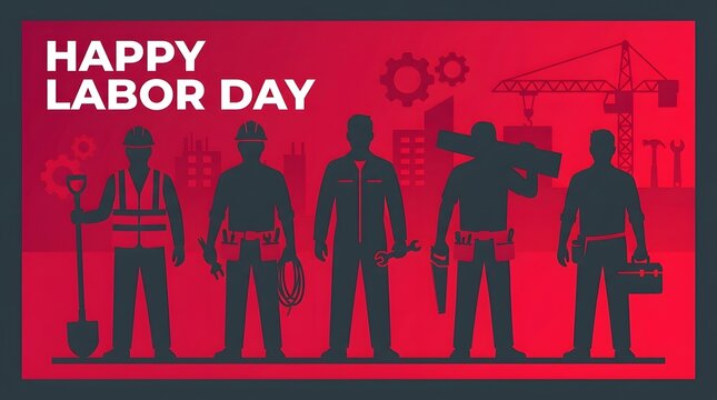 A festive graphic design celebrating labor canada with silhouettes of diverse workers on a bold red background