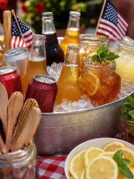 Erfrischende Getr&auml;nkestation f&uuml;r Labor Day mit Limonade, Eistee, Softdrinks und kleinen US-Flaggen auf Eis. Sommerliche Nahaufnahme f&uuml;r Picknick, Grillfest und Feiertagsfeier im Freien.