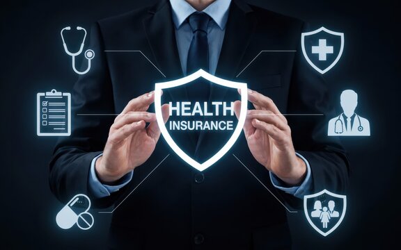 Health insurance concept with businessman holding shield