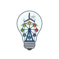 Obraz premium Sustainable Energy Concept | Light Bulb with Wind Turbine & Ferris Wheel