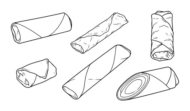 Hand Drawn Spring Roll and Egg Roll Vector Icon Set Featuring Asian Crispy Appetizers for Restaurant Menus and Food Delivery App Designs