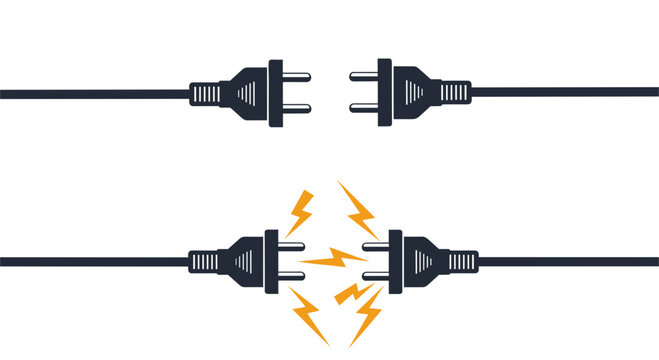 Conceptual illustration of electrical plugs being disconnected and sparking representing power issues or connection.