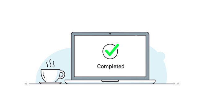 Digital workspace scene featuring a modern laptop with a completed task status and a steaming cup of hot coffee.