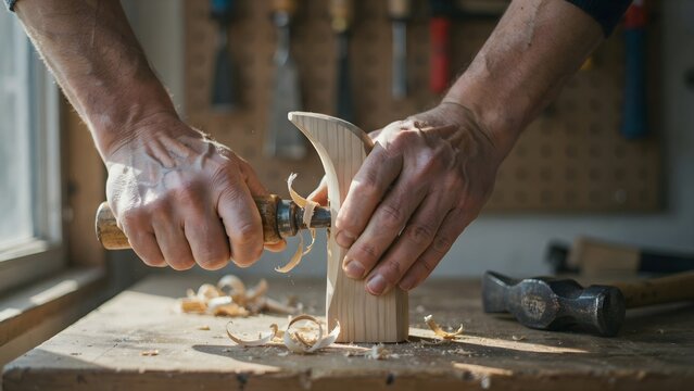 Skilled carpenter shaping wood with hand tools in woodworking workshop setting