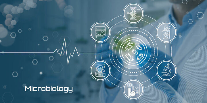 Microbiology research laboratory technology digital interface with DNA, cells, and scientific equipment icons