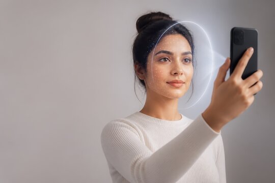 Woman using smartphone with facial recognition technology in a modern setting for secure verification