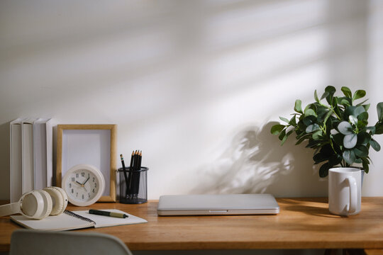 Minimal home office workspace with closed laptop, notebook, eyeglasses, coffee mug, books and green plant on a wooden desk with copy space.