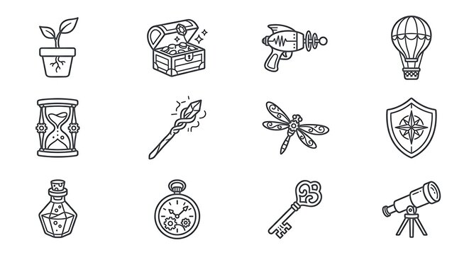 Steampunk and Fantasy Line Art Adventure Icon Set