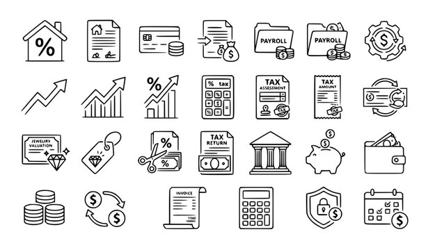 Tax and Financial Management Vector Line Icons for Loans Payroll Savings and Banking