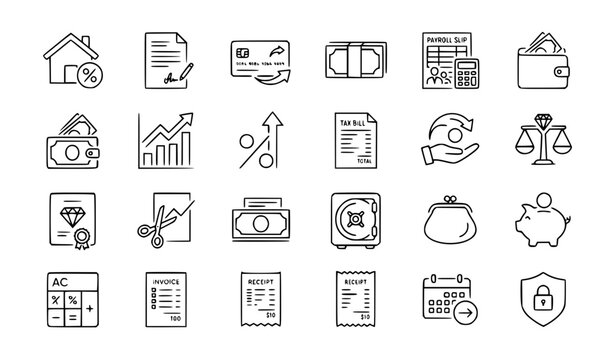 Mortgage Credit Payroll and Tax Outline Icons for Finance and Banking Websites
