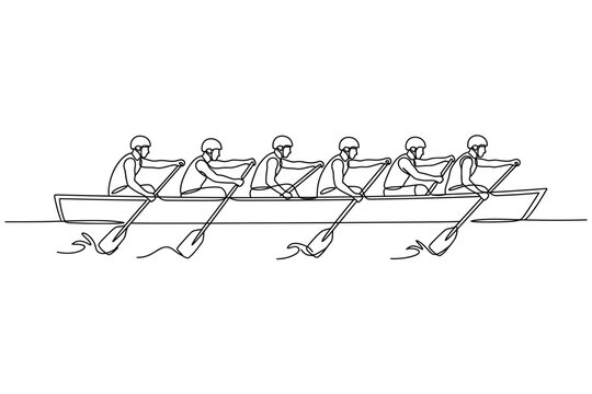 A minimalist continuous line drawing of a crew team rowing a boat together in unison, featuring abstract vector outlines of athletes with oars in water, perfect for sport and team concepts.