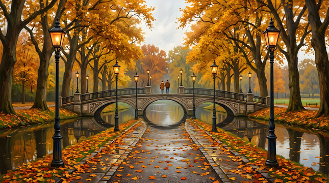 Couple walking on a stone bridge in a beautiful autumn park with golden trees and lanterns.