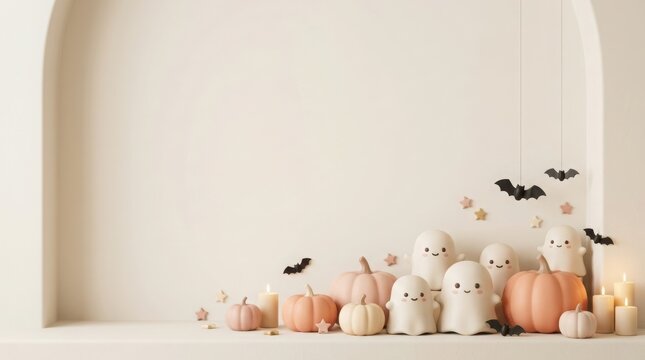 Halloween table decoration with white pumpkins and black spider