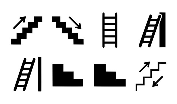 Black and white stairs ladder and vertical movement icon collection featuring ascending and descending architectural symbols vector