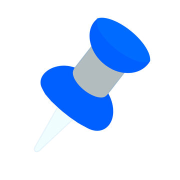 A vibrant blue and gray pushpin on a plain white background