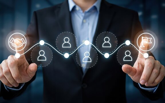 Business professional interacting with digital human resources icons