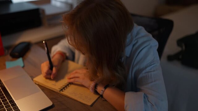 Teenage girl taking handwritten notes beside a laptop during an evening study session. Digital wellbeing, balanced screen use, healthy study habits, education and student wellness concept.
