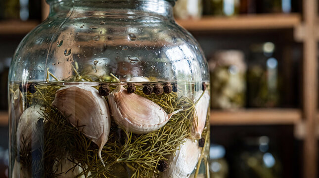 Close-up of pickled garlic cloves with dill and peppercorns in glass jar on pantry shelf