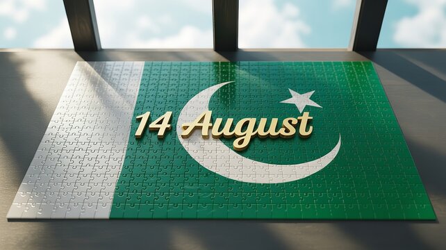   
Pakistan Independence Day celebration with national flag puzzle design crescent moon star and golden 14 August typography