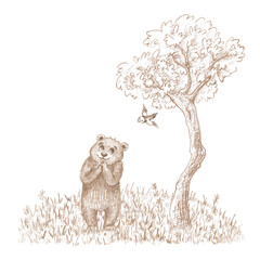 Hand drawn pencil illustration of a brown bear cub next to a tree in a clearing. A design for greeting cards, packaging and children's textiles. © andrey