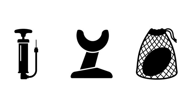 Three black silhouette icons of pump sprayer tool chair and mesh bag