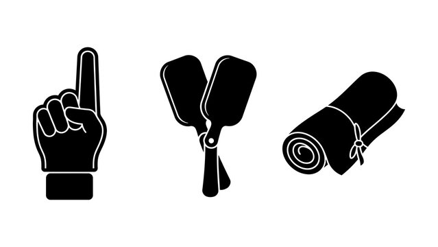 Three black icons representing cheerleader finger glove paddle and pom pom