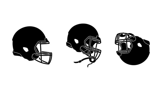 Three different styles black silhouette football helmets transparent background