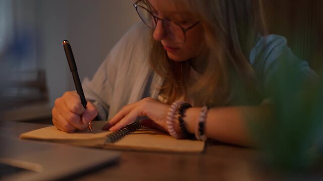 Teenage girl wearing eyeglasses writing ideas in a notebook beside a laptop during an evening study session. Personal development, learning, goal setting and future skills concept.