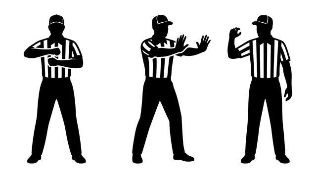 Three Referees Displaying Different Hand Signals On Field