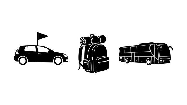 Travel icons featuring car backpack and tour bus illustration set