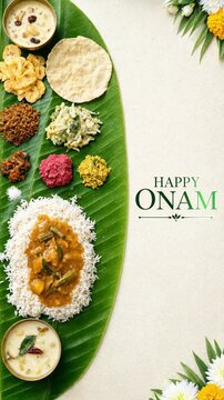 Traditional Onam Sadya festival meal served on banana leaf with floral decorations and Happy Onam text greeting