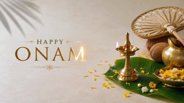 Happy onam greeting beside a brass oil lamp with floral decorations on a green festive setting, warm ceremonial glow, festive floral decoration, cultural celebration background, warm light