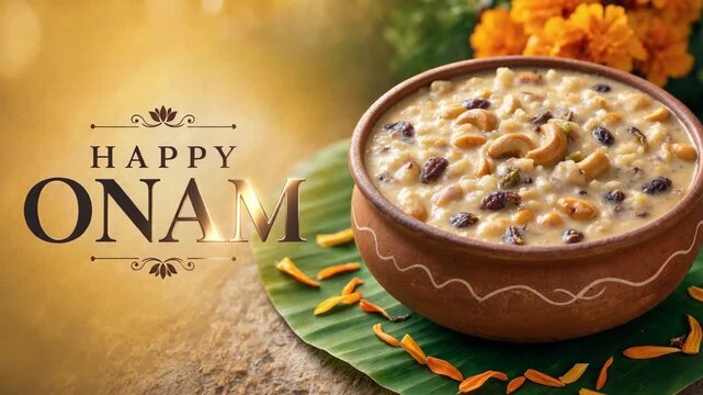 Happy onam greeting beside a clay bowl of creamy payasam served on a green banana leaf, traditional sweet dessert, banana leaf presentation, south indian food culture, festive family feast