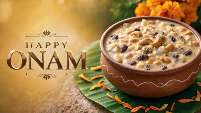 Clay bowl filled with festive payasam beside a happy onam greeting on a warm textured surface, traditional sweet dessert, onam sadya cuisine, banana leaf presentation, festive family feast