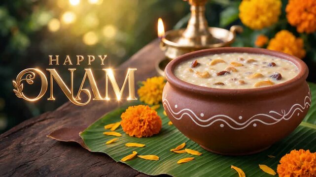 Traditional payasam in a decorated clay bowl beside marigold petals plus a glowing brass lamp, traditional sweet dessert, onam sadya cuisine, banana leaf presentation, festive family feast