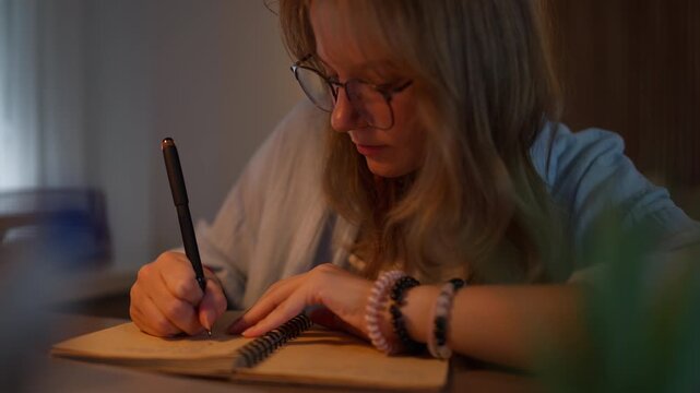 Dedicated female student working late, thoughtfully chewing on a pen before having an idea, then smiling as she takes notes in her workbook while using a laptop in a warm lit room