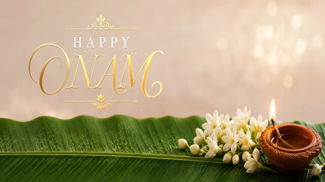 Gold happy onam greeting above a banana leaf plus fresh white jasmine flowers, traditional south indian celebration, festive holiday greeting, warm golden background, decorative copy space