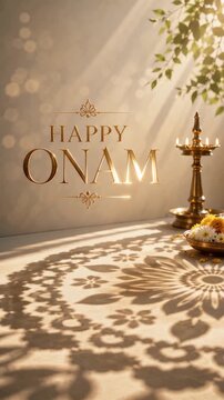 Vertical happy onam greeting with a brass lamp plus ornate pookalam shadows in warm sunlight, traditional south indian celebration, heritage inspired design, festive decor, holiday message