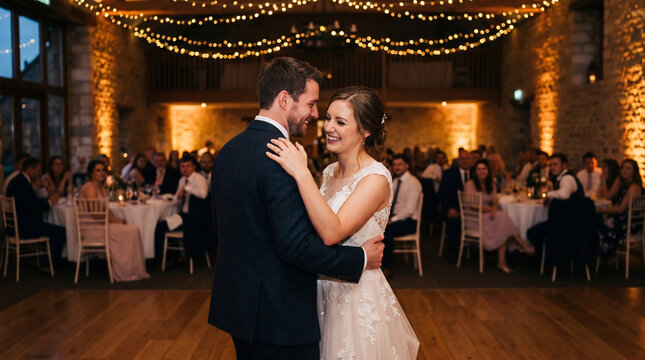 Bride and groom sharing a mid-turn dance embrace under string lights at a wedding reception