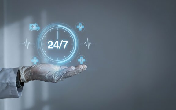 Doctor holding 247 medical service icon